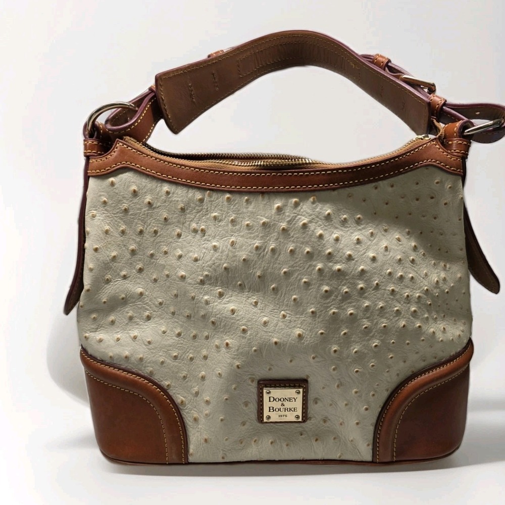 GORGEOUS Dooney and Bourke Light Taupe Ostrich Hobo Shoulder Bag Purse Red Int